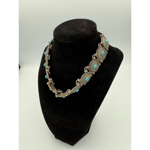 Womens Faux Turquoise Silver Tone Choker Collar Metal Statement Boho Necklace - Picture 1 of 8